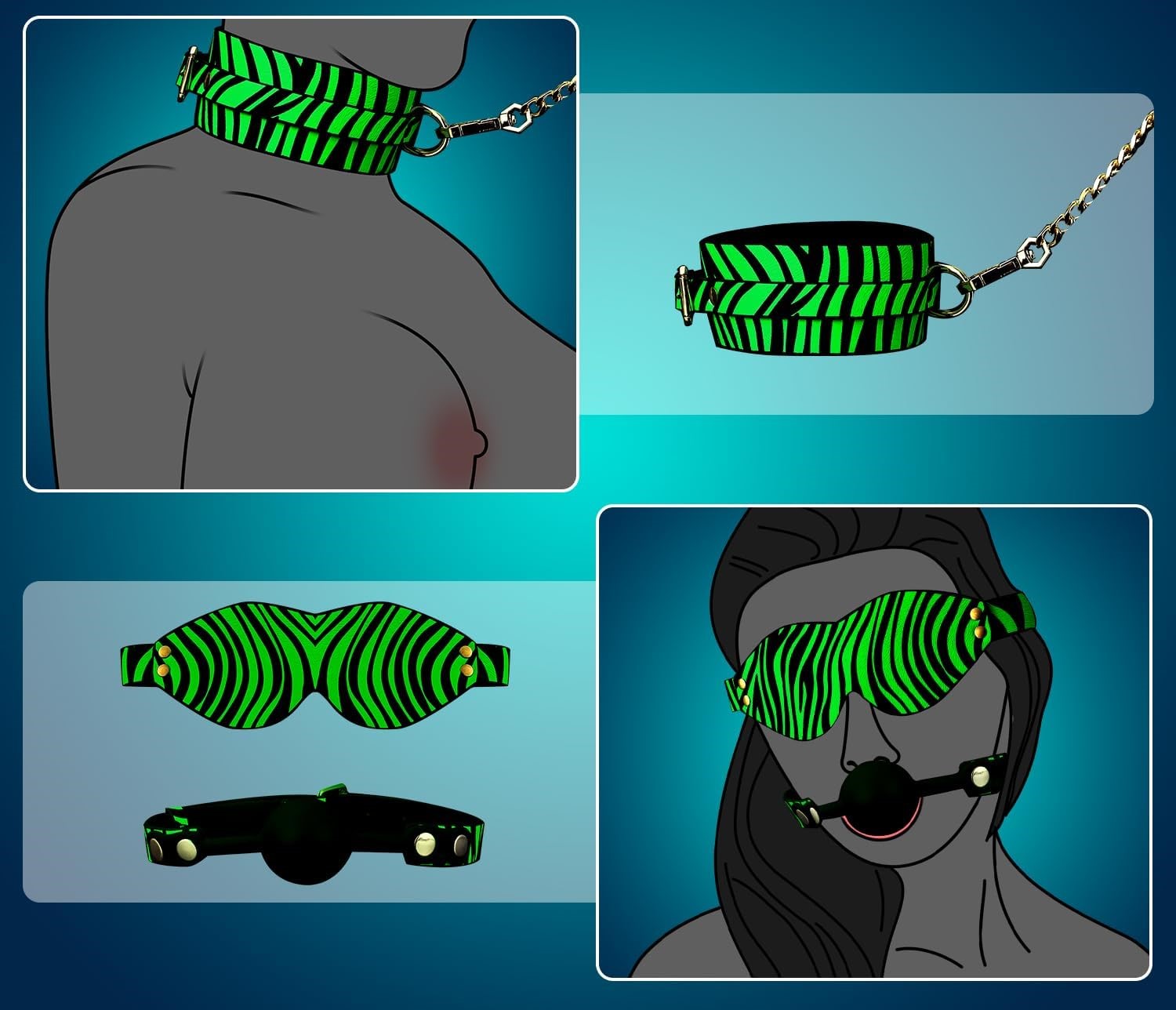 EroHot Glow Комплект БДСМ аксессуаров 8 предметов, светящийся в темноте