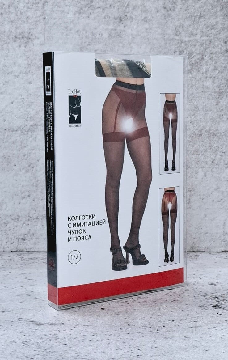 Колготки с имитацией чулок и пояса K-812 бежевые с черным