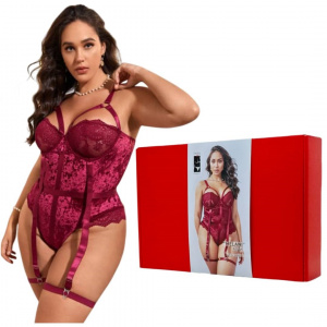 EroHot Eleganse Plus Боди корсет "Melani" из бархата с кружевом с гартерами  EroHot Eleganse Plus Боди корсет "Melani" из бархата с кружевом с гартерами