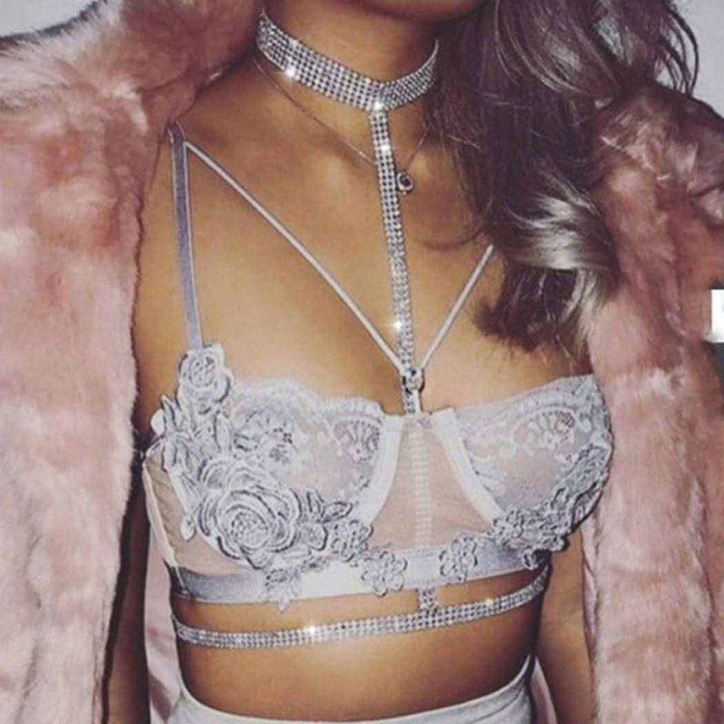 Портупея ошейник со стразами серебро