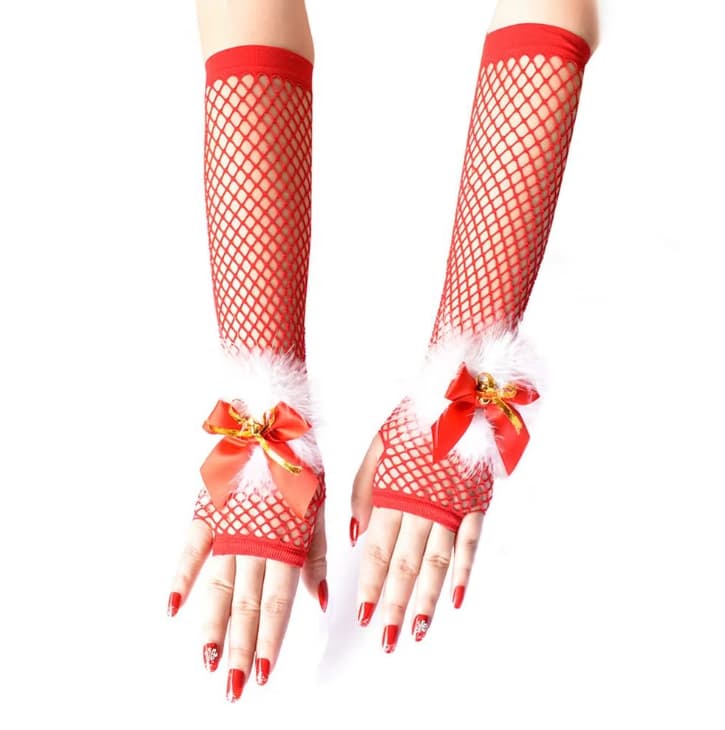 Перчатки сетка новогодние с пухом и бантом