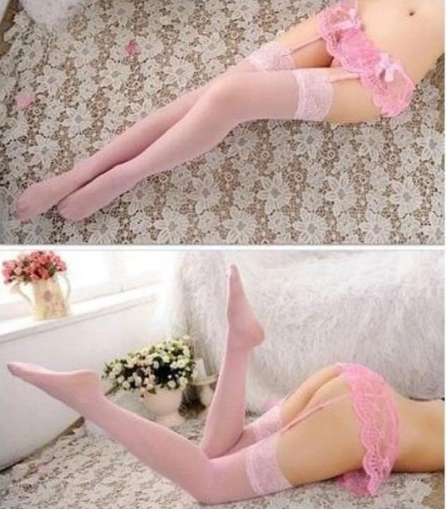 Чулки с кружевной резинкой и поясом CHP-827 розовые