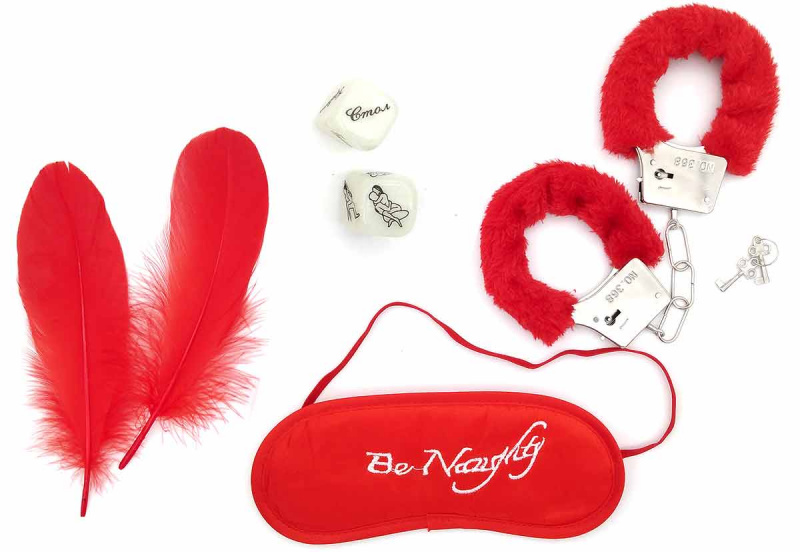 Набор игровой красный: наручники с мехом, маска, перо  и кубики "For Lovers Fantasy"