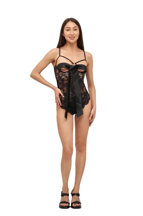 Боди кружевное с бантом на груди черное Боди кружевное с бантом на груди черное