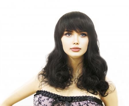 Парик черный с челкой с длинными вьющимися волосами