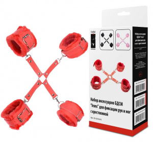 Набор аксессуаров БДСМ "Irons" для фиксации рук и ног с крестовиной красный
