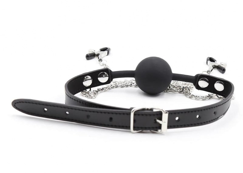 Кляп с цепочками-зажимами для груди, черный