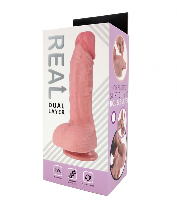Real Фаллоимитатор-реалистик Dual Layer с мошонкой на присоске, 21.5см*4,6см