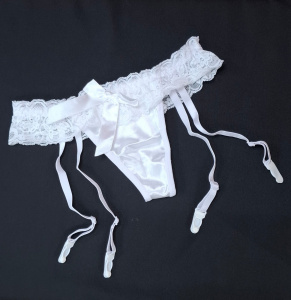 Трусики-пояс атласные с подвязками, белые