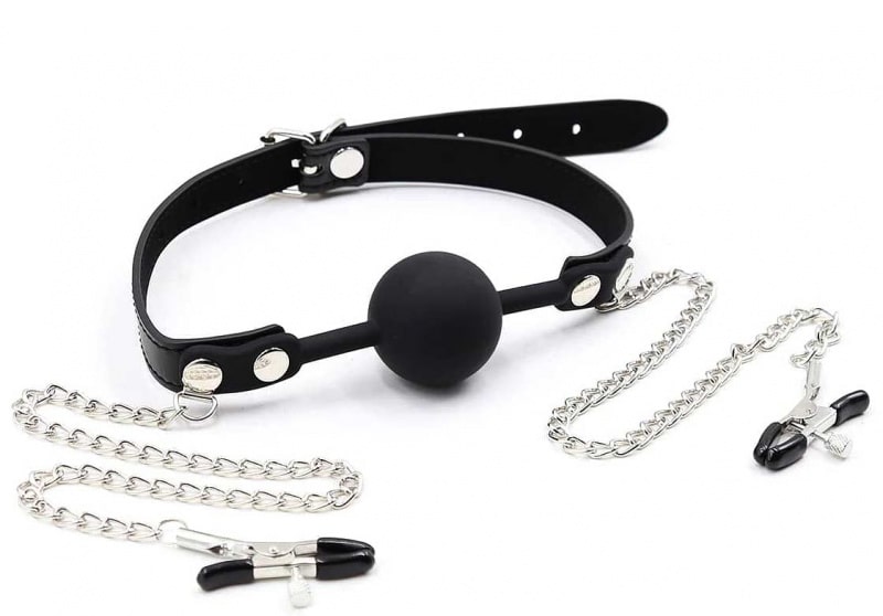 Кляп с цепочками-зажимами для груди, черный