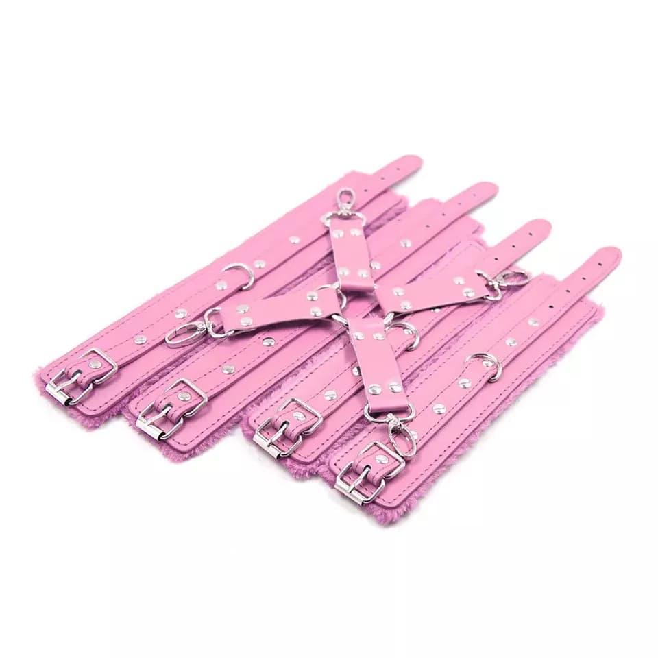 Набор аксессуаров БДСМ "Irons" для фиксации рук и ног с крестовиной розовый