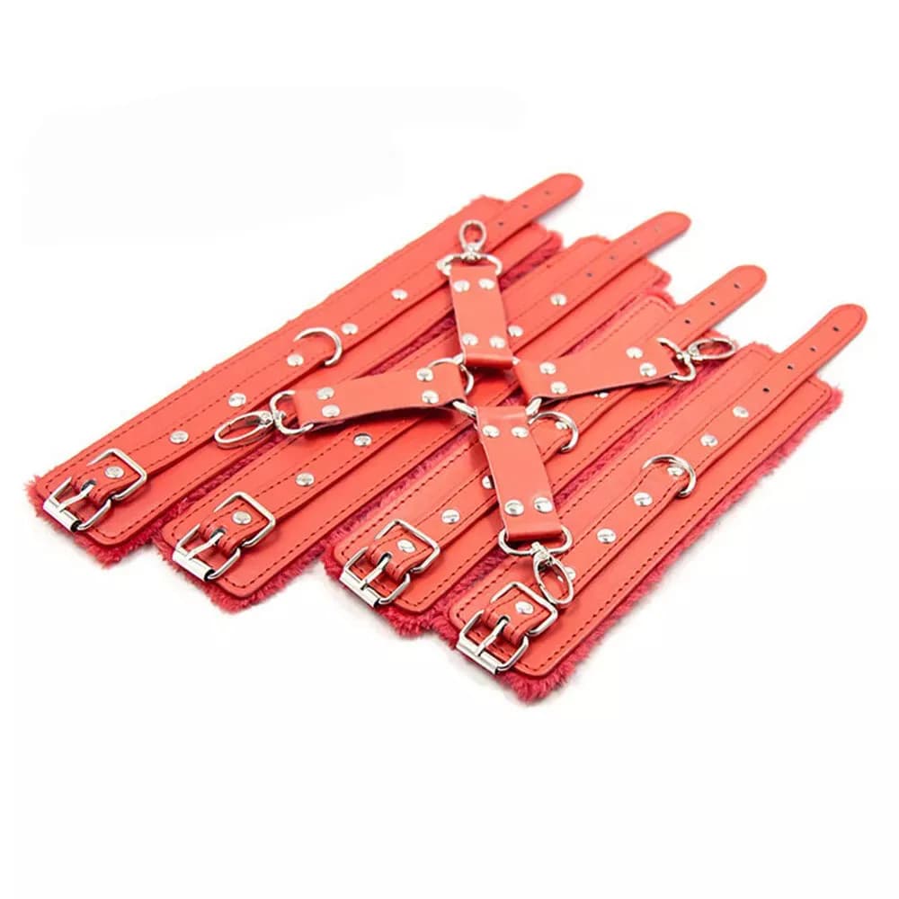 Набор аксессуаров БДСМ "Irons" для фиксации рук и ног с крестовиной красный