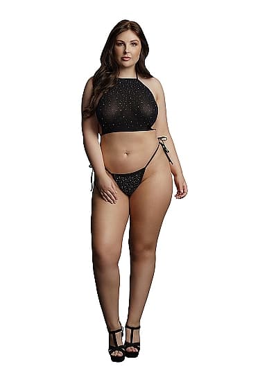 Топ и трусики со стразами Festive Rhinestone Top and Thong Plus size (черный)