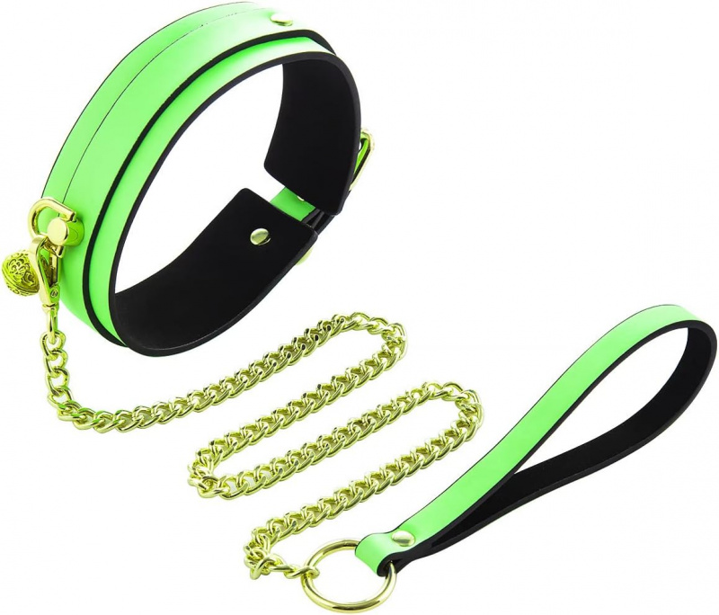 EroHot Glow Ошейник светящийся в темноте, с поводком зеленый