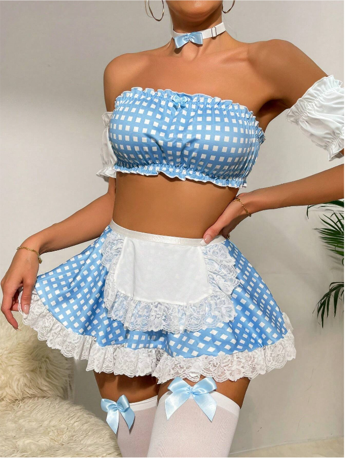 EroHot Perfect Бюстгальтер и трусы корсетные с оборкой "Служанка соблазна" голубой EroHot Perfect Бюстгальтер и трусы корсетные с оборкой "Служанка соблазна" голубой