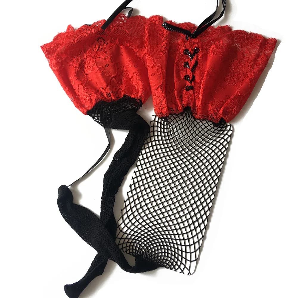 Чулки черные CH-837 с красным широким кружевом и шнуровкой Чулки черные CH-837 с красным широким кружевом и шнуровкой