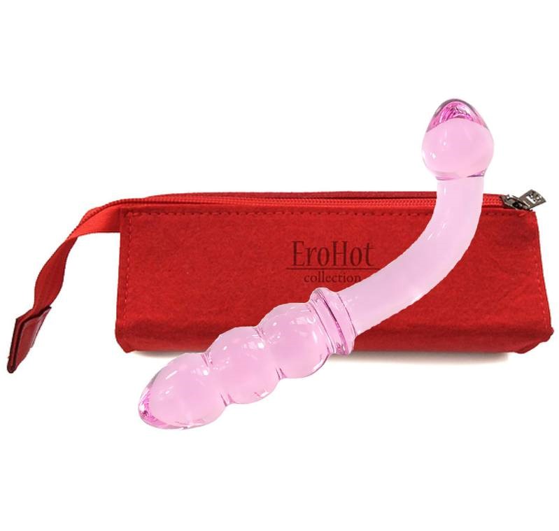 Фаллоимитатор стеклянный рельефный "Bend" с загнутой ручкой розовый