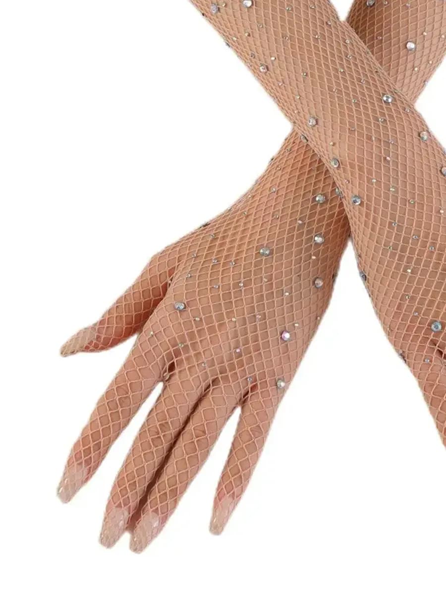 Перчатки в сетку со стразами телесные