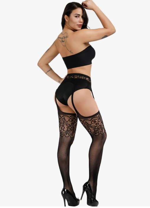 Чулки CHP-816 с кружевной резинкой и поясом черные