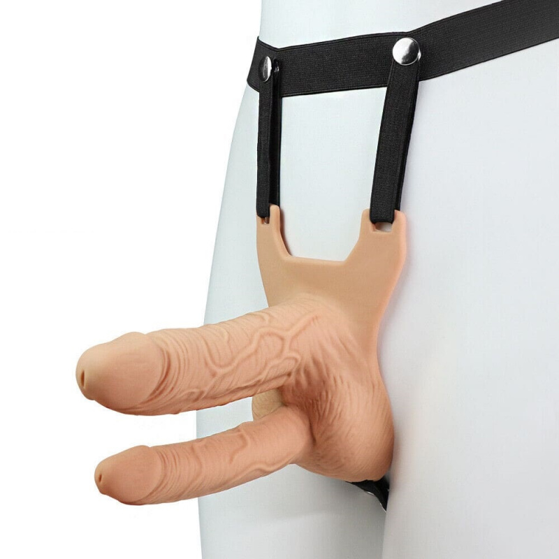 Страпон полый Unisex на ремне для двойного проникновения телесный